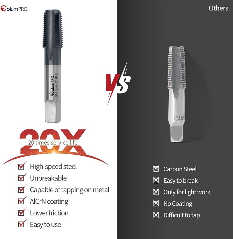 ColumPRO 1/8”-27 NPT Pipe Tap, High-Speed Steel Thread Tap with AD+ Coating, Heavy-Duty Threading Tool for Stainless Steel, Brass, PVC, Metal - Image 5
